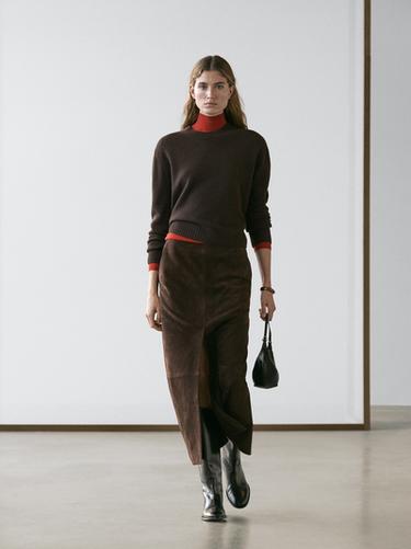 Zara Straight nubuck leather midi skirt - Brown - Image 0