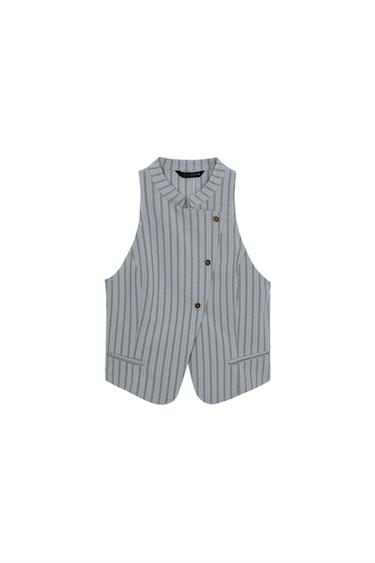 Front view of a blue and grey striped double-breasted waistcoat, sleeveless, with a round neck, faux welt pockets, and front buttons.