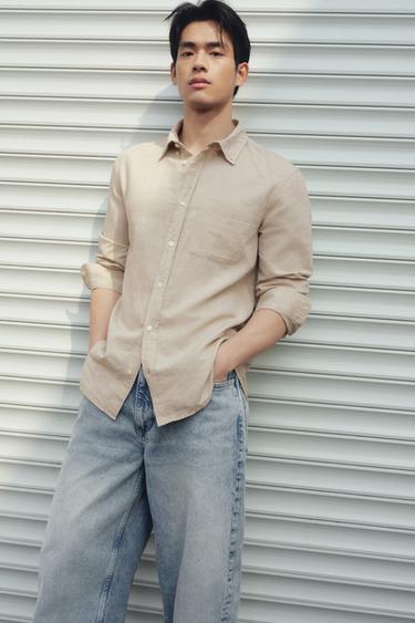 REGULAR FIT LINEN - COTTON SHIRT - Light beige by Zara