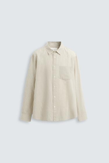 Zara LINEN-COTTON STRIPED PATCHWORK SHIRT - Sand