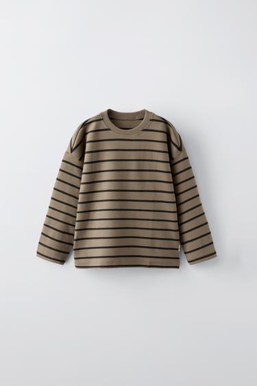 Zara STRIPED T-SHIRT WITH LABEL - Brown / Taupe