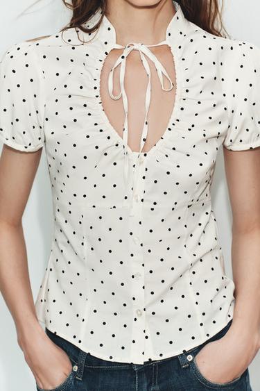 TOP EN POPELINE AVEC NŒUD - Écru / Noir de Zara - Image 1