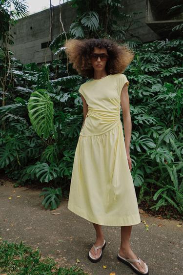Zara ASYMMETRIC RUCHED DRESS - Yellow - Image 0