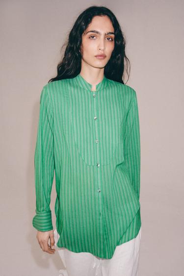 Zara ZW COLLECTION STRIPED BIB SHIRT - Green