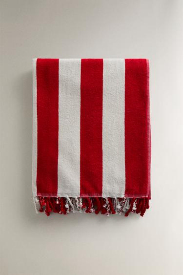 STRIPED BEACH TOWEL WITH FRINGING - Red by Zara - Image 1