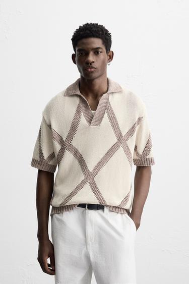 RHOMBUS JACQUARD KNIT POLO SHIRT - Brown / Taupe by Zara