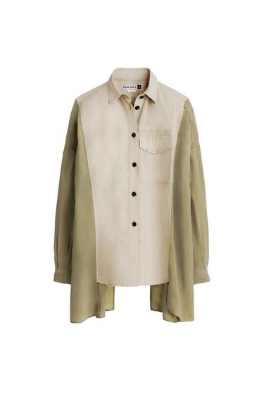 Two-tone shirt, beige and olive green, with black buttons and a chest pocket. Visible label: "ZARA SRPLS".