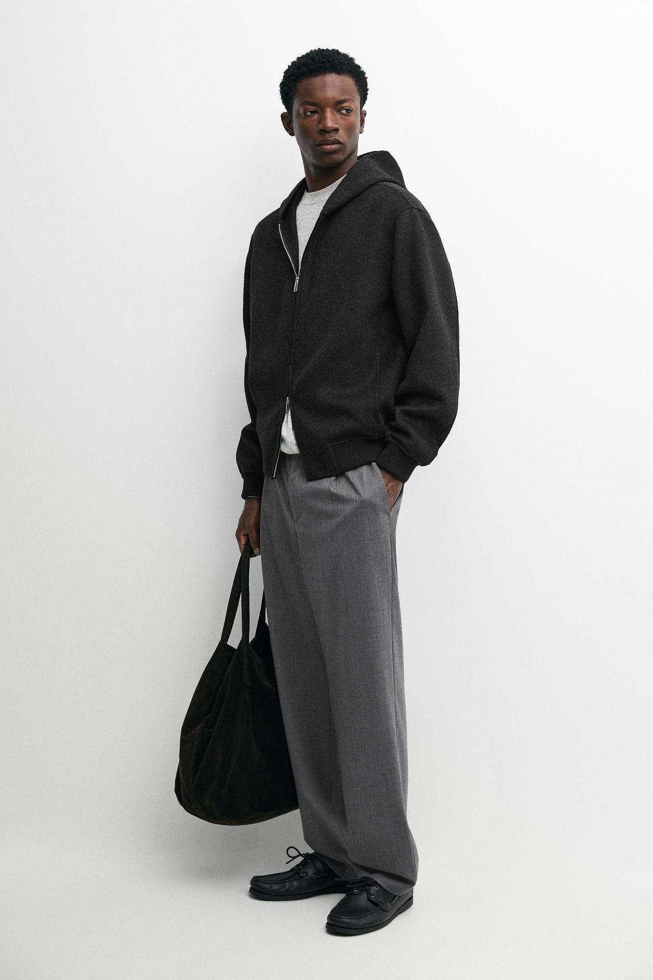 Wool blend double-knit hooded jacket — Anthracite Gray