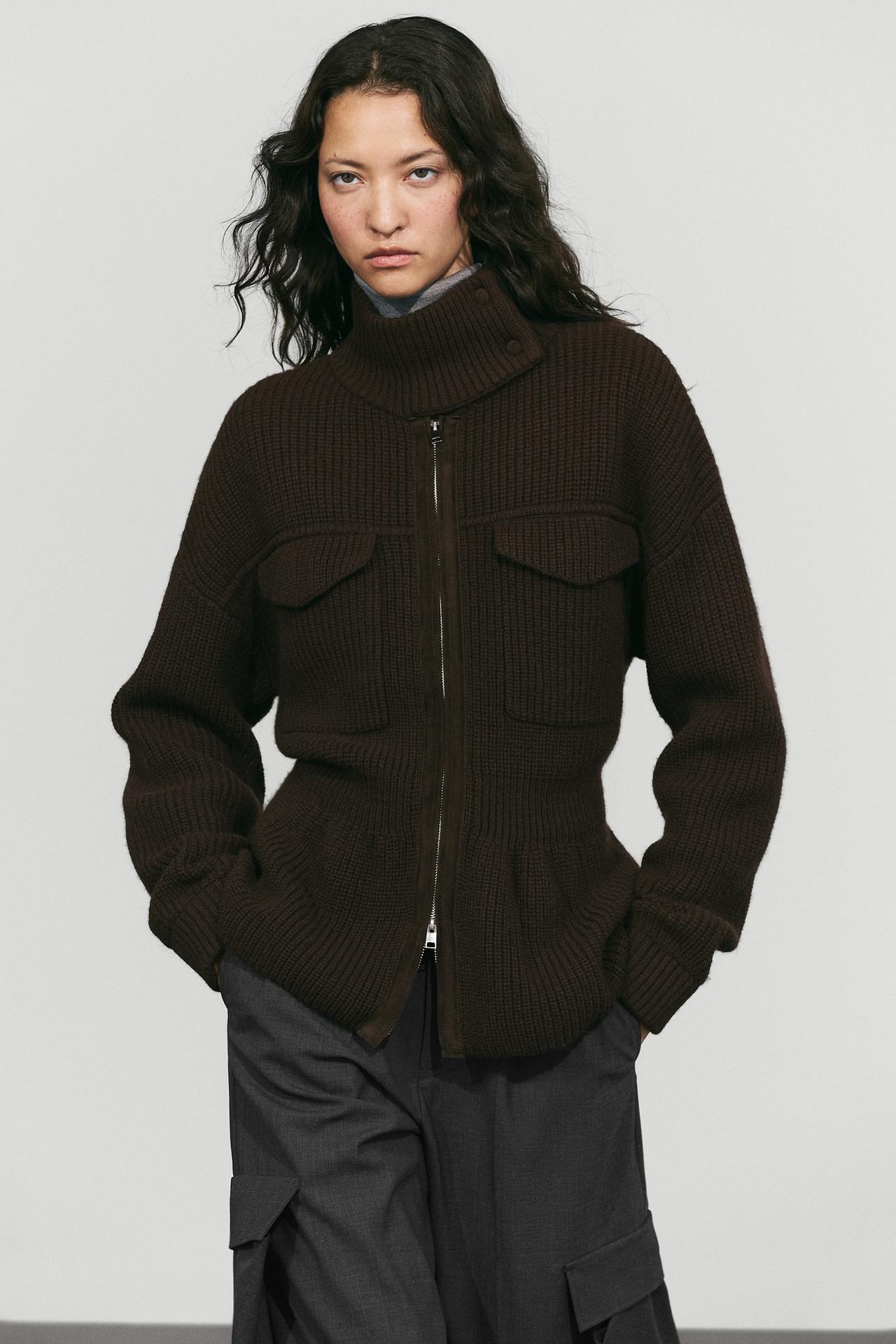 Mixed-Knit Suede Pocket Cardigan — Brown