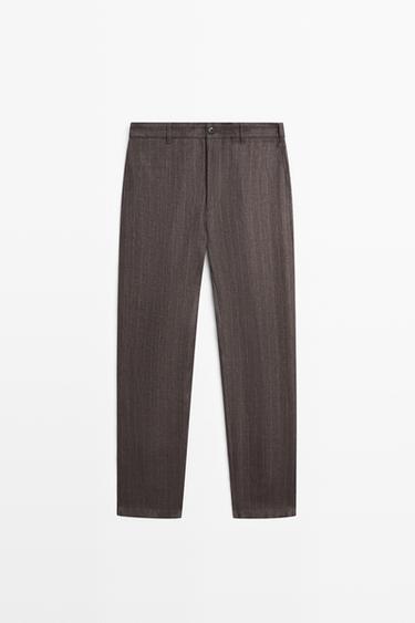 Pantalon straight rayé 100 % lin - Marron de Zara
