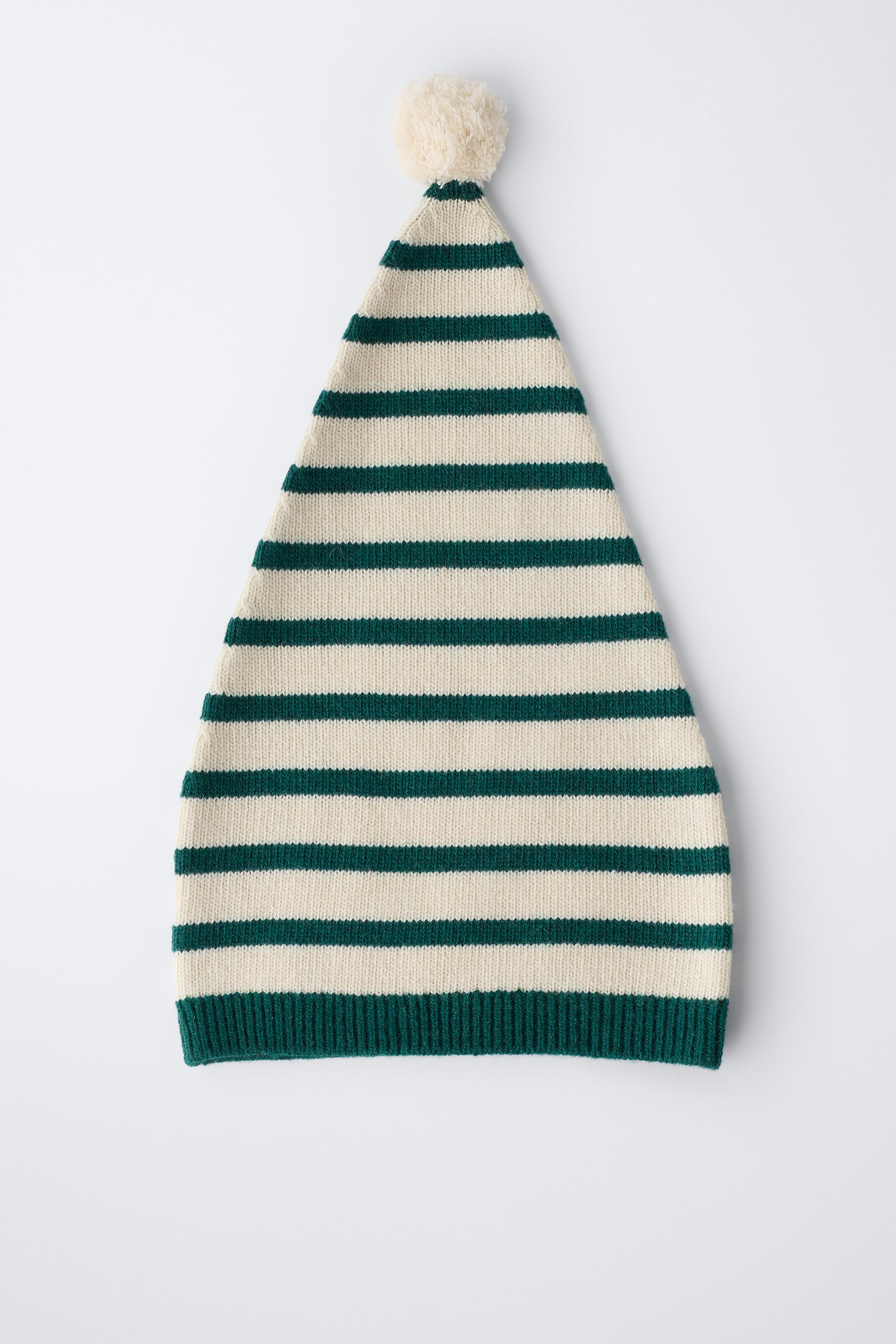 STRIPED KNIT HAT WITH WOOL POMPOM