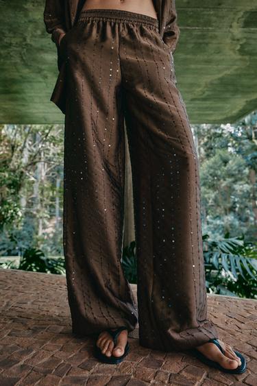 PANTALON FLUIDE À PAILLETTES - Marron de Zara - Image 1
