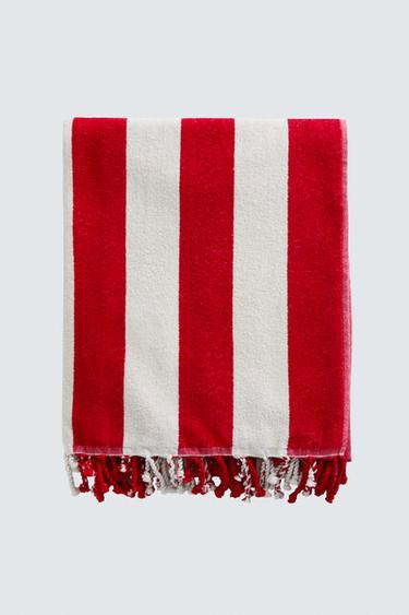 Zara RUČNIK ZA PLAŽU S PRUGAMA I RESAMA – Crvena
