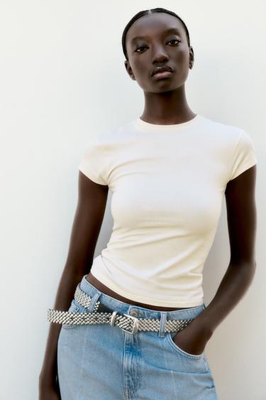 Zara SLIM FIT SHORT SLEEVE T-SHIRT - Ecru