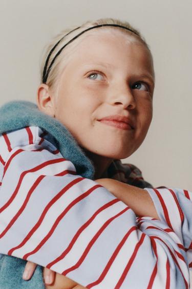 Zara STRIPED HEART PATCH T-SHIRT - Light blue