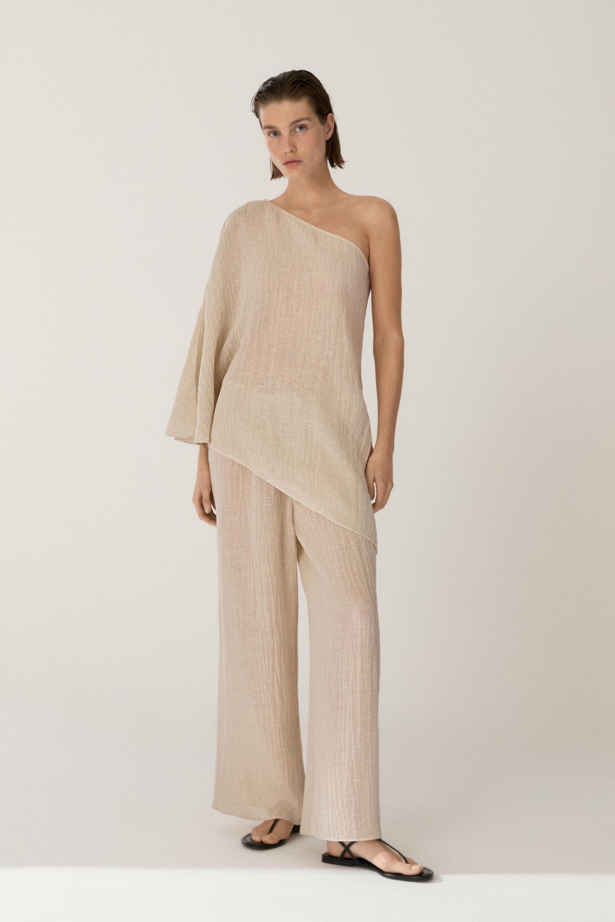 Total look asymmetric linen blend cape top — Beige marl