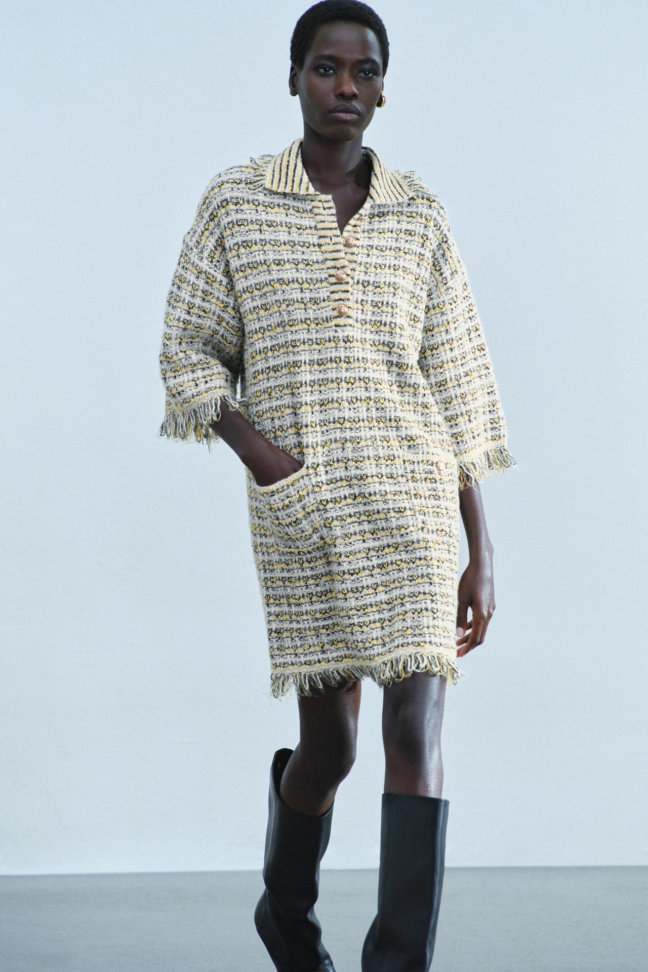 TEXTURED FRAYED KNIT DRESS — Yellow