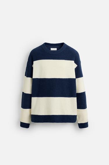 Zara STRIPED TERRYCLOTH SWEATSHIRT - Ecru / Navy