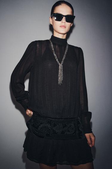 فستان ممزوج بحزام مطرز ZW COLLECTION - أسود الخاص بـ Zara