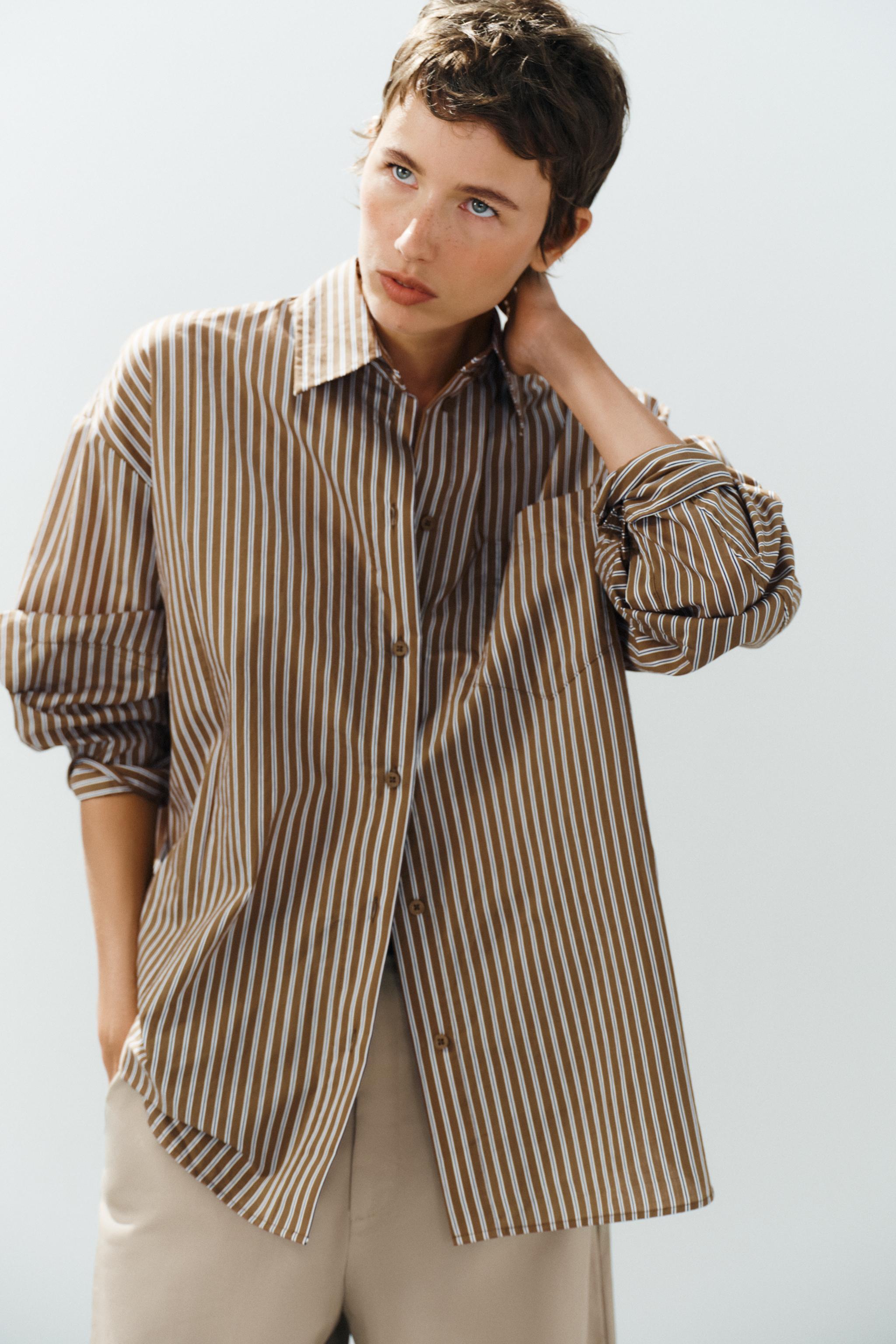 OVERSIZED STRIPED POCKET SHIRT — Brown-Blue