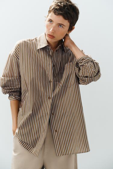OVERSIZE STRIPED POCKET SHIRT - Brown-Blue by Zara