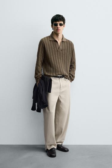 CABLE KNIT POLO SHIRT - camel by Zara