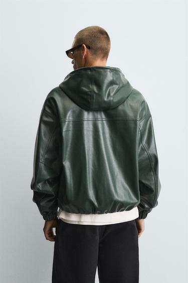 HOODED LEATHER EFFECT JACKET - Green by Zara - Image 2