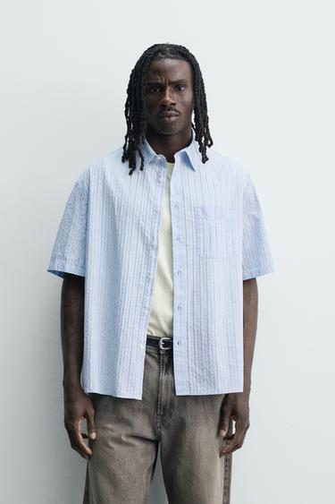 CAMISA BOXY FIT RAYAS - Azul de Zara