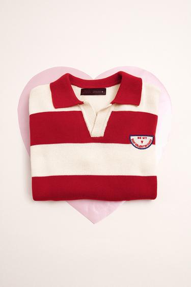 Zara EMBROIDERED PATCH STRIPED KNIT POLO - Ecru / Red