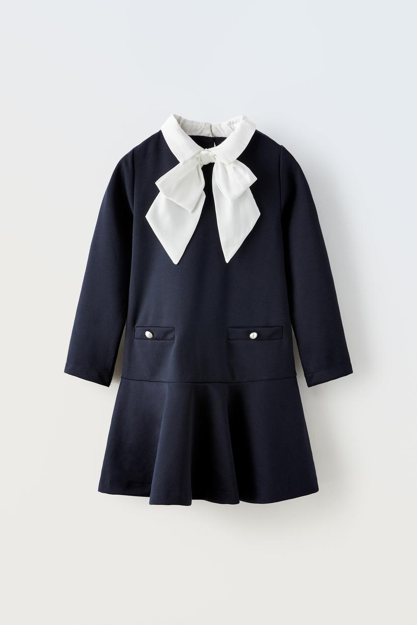 Navy Collared Velour Dress and Tights Outfit, Baby