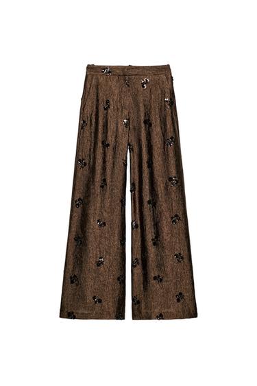 SEQUINNED WIDE-LEG TROUSERS - Brown by Zara