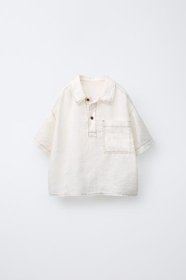 100% LINEN CONTRAST SHIRT - Light beige by Zara - Image 0