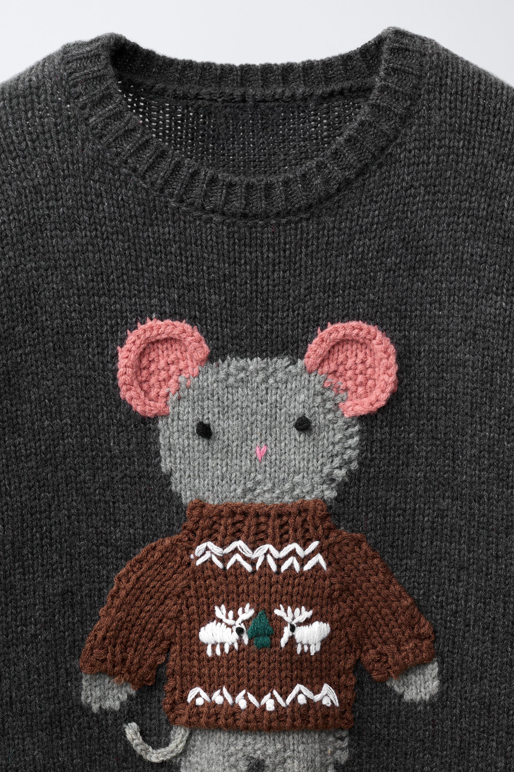 AGES 7-12/ WOOL BLEND KNIT JUMPER WITH EMBROIDERED MOUSE