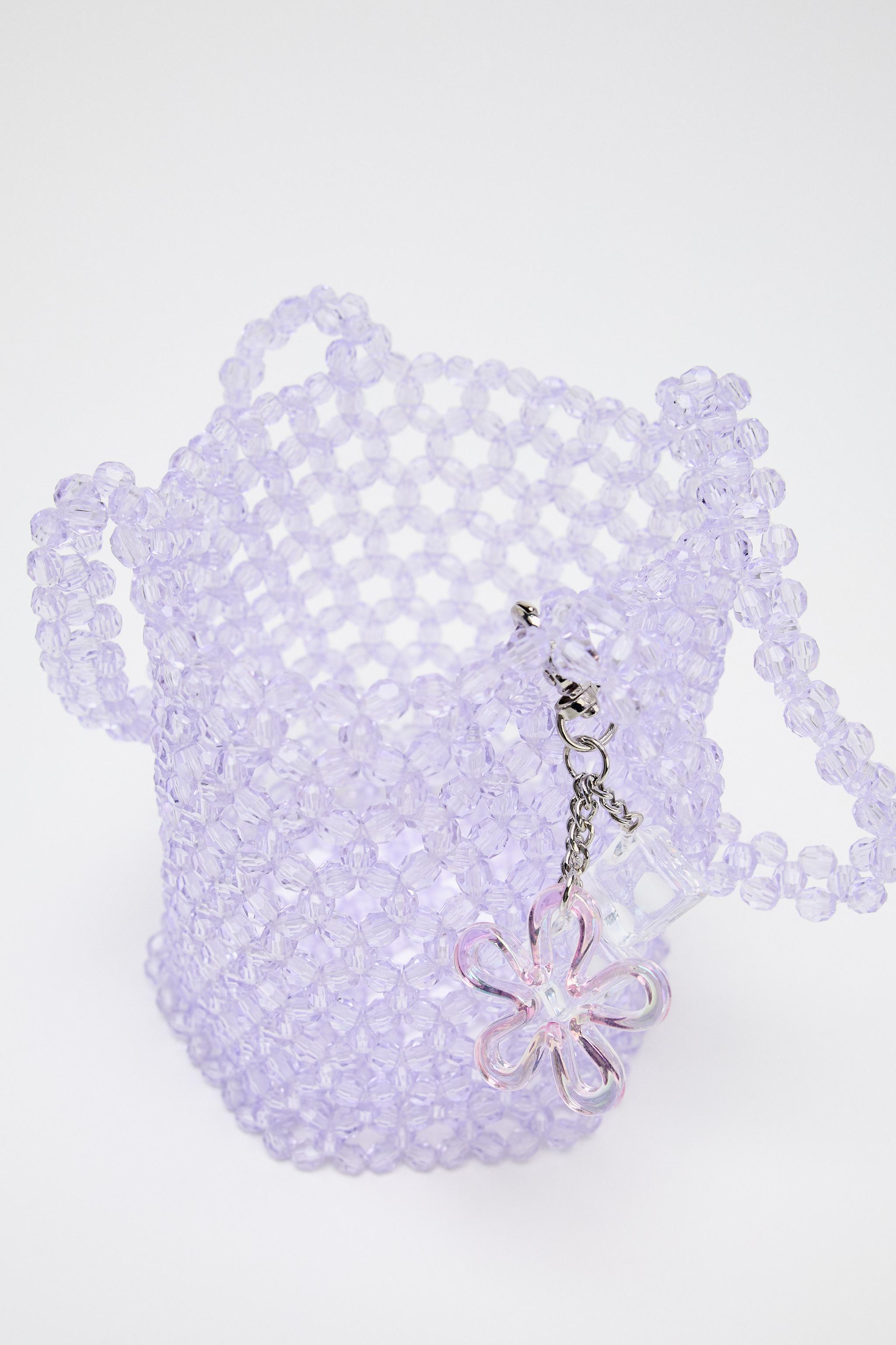 ZARA【NEW】BEADED CYLINDRICAL BUCKET BAG Zara Beaded Cylindrical Bucket Bag Violet 6888/510/190 Satin