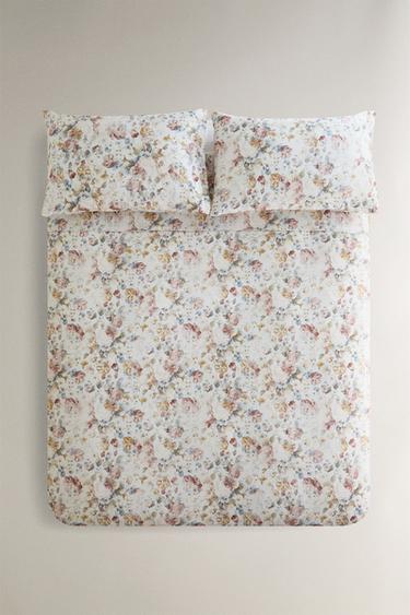 CAPA EDREDÃO CETIM ESTAMPADO DE FLORES (300 FIOS) - Branco-marfim da Zara