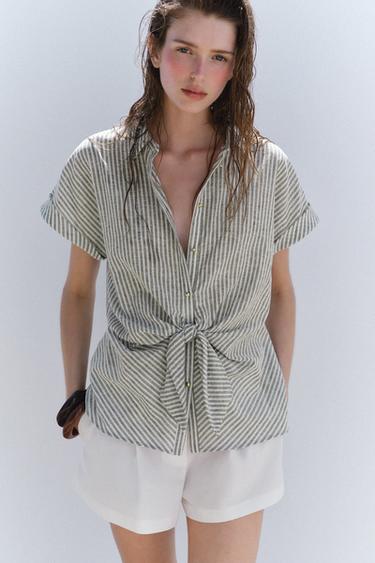 STRIPED KNOT LINEN-BLEND SHIRT - Green / Ecru by Zara