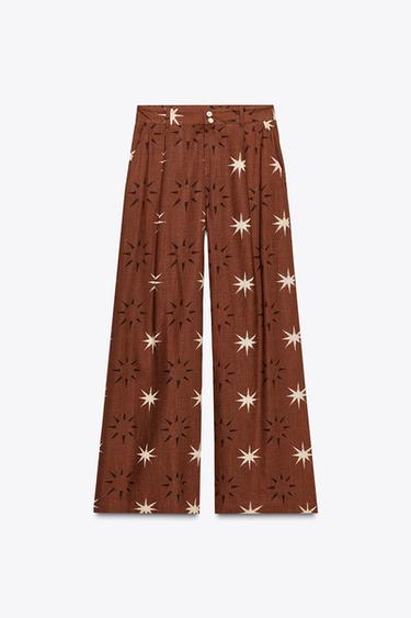 Zara SUN PRINT LINEN WIDE LEG PANTS - Terracotta