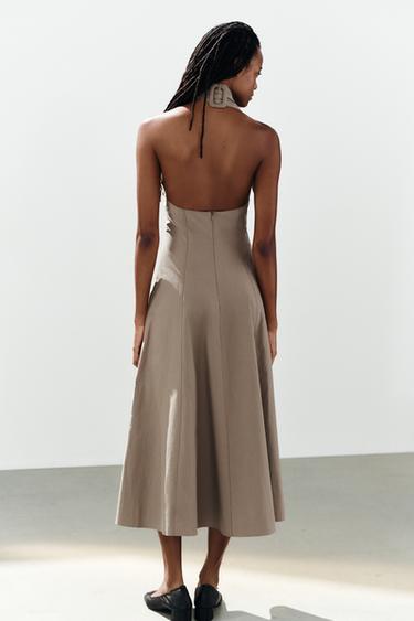 Zara BUCKLE HALTER MIDI DRESS - Brown / Taupe
