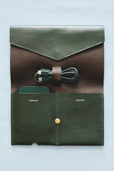 LEATHER CABLE ORGANISER WALLET - Green by Zara