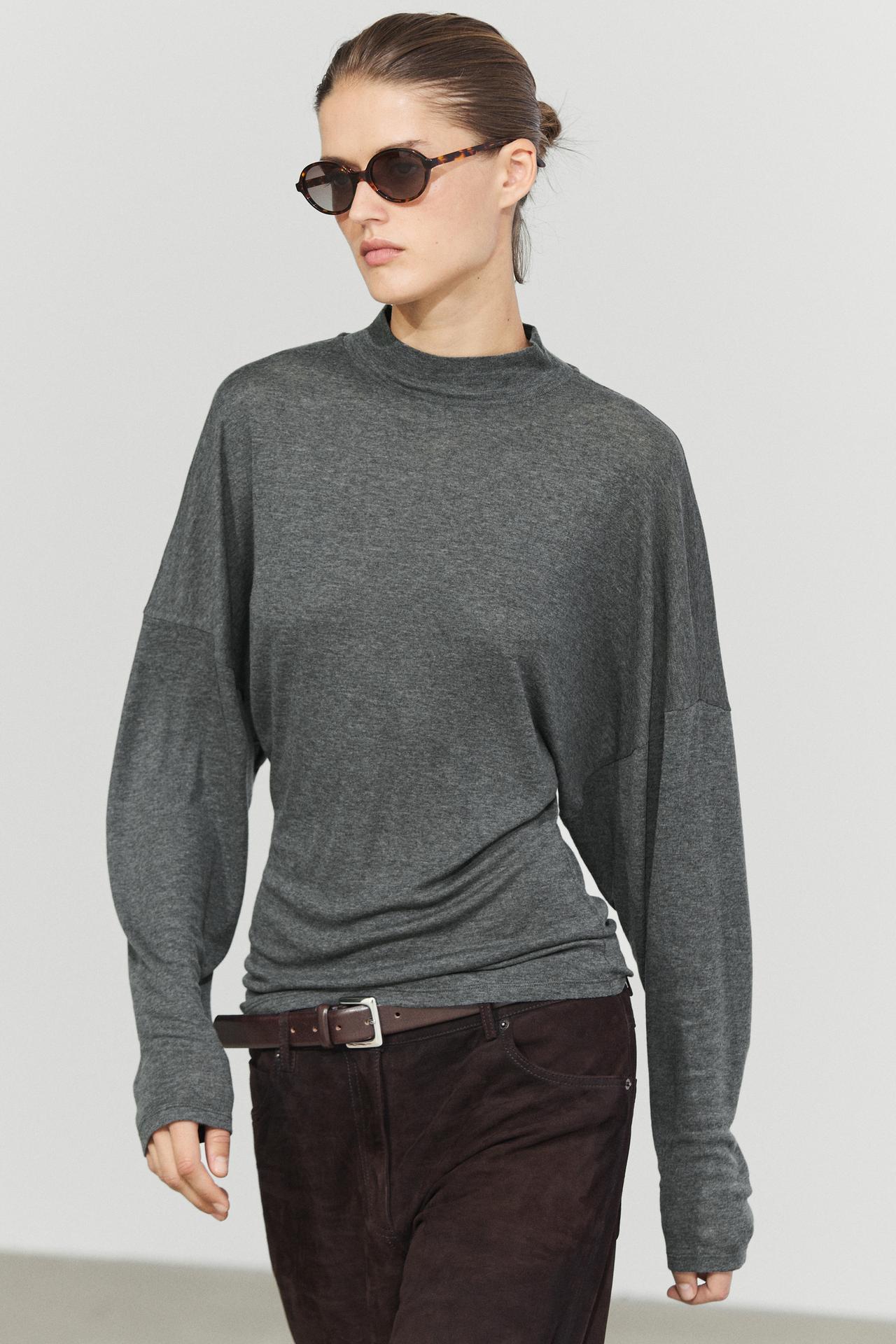 Funnel neck knit T-shirt — Gray marl