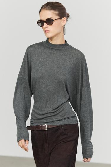 Funnel neck knit T-shirt — Gray marl 2