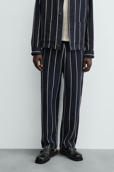Zara RELAXED FIT STRIPED STRUCTURE PANTS - Navy blue