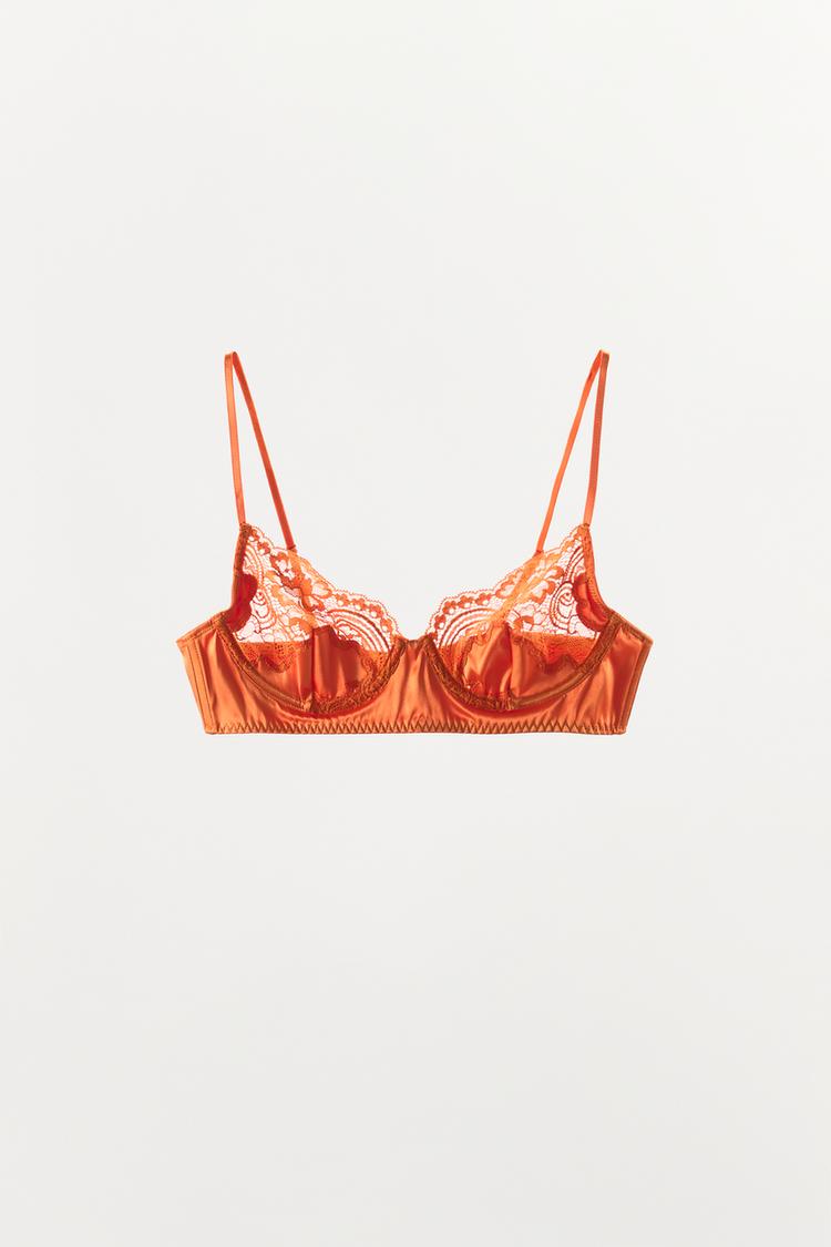 SATIN EFFECT LACE UNDERWIRE BRA — Orange