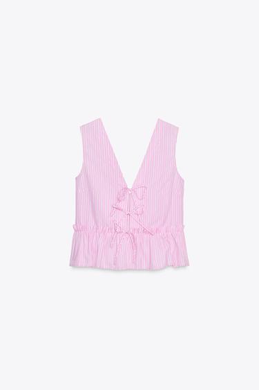 TOP RAYÉ AVEC LACETS - Rose / Blanc de Zara - Image 6