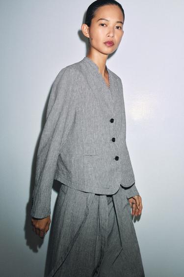 HOUNDSTOOTH LINEN BLEND BLAZER ZW COLLECTION - Blue/White by Zara