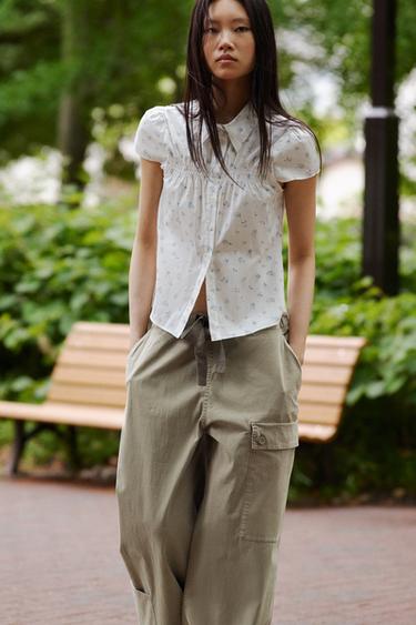 FLORAL GATHERED POPLIN SHIRT - Blue/White by Zara