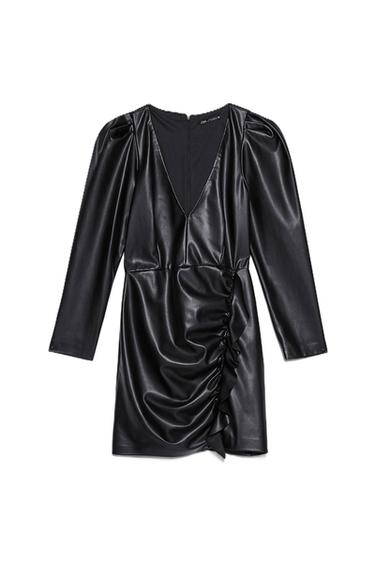 VESTITO EFFETTO PELLE CON MANICHE SBUFFO E VOLANT SULLA GONNA