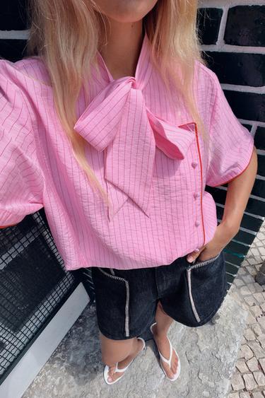 STRIPED TIE-NECK TOP - Pink by Zara