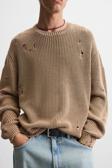 ACID WASH RIPPED SWEATER - camel by Zara - Image 4