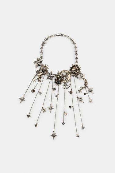 METAL MOON AND STAR NECKLACE - Aged gold by Zara